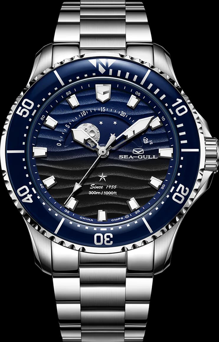 Ocean Series Pro 300m Moon Phase Gradient Wave-textured Dial Diving Watch 43.5mm