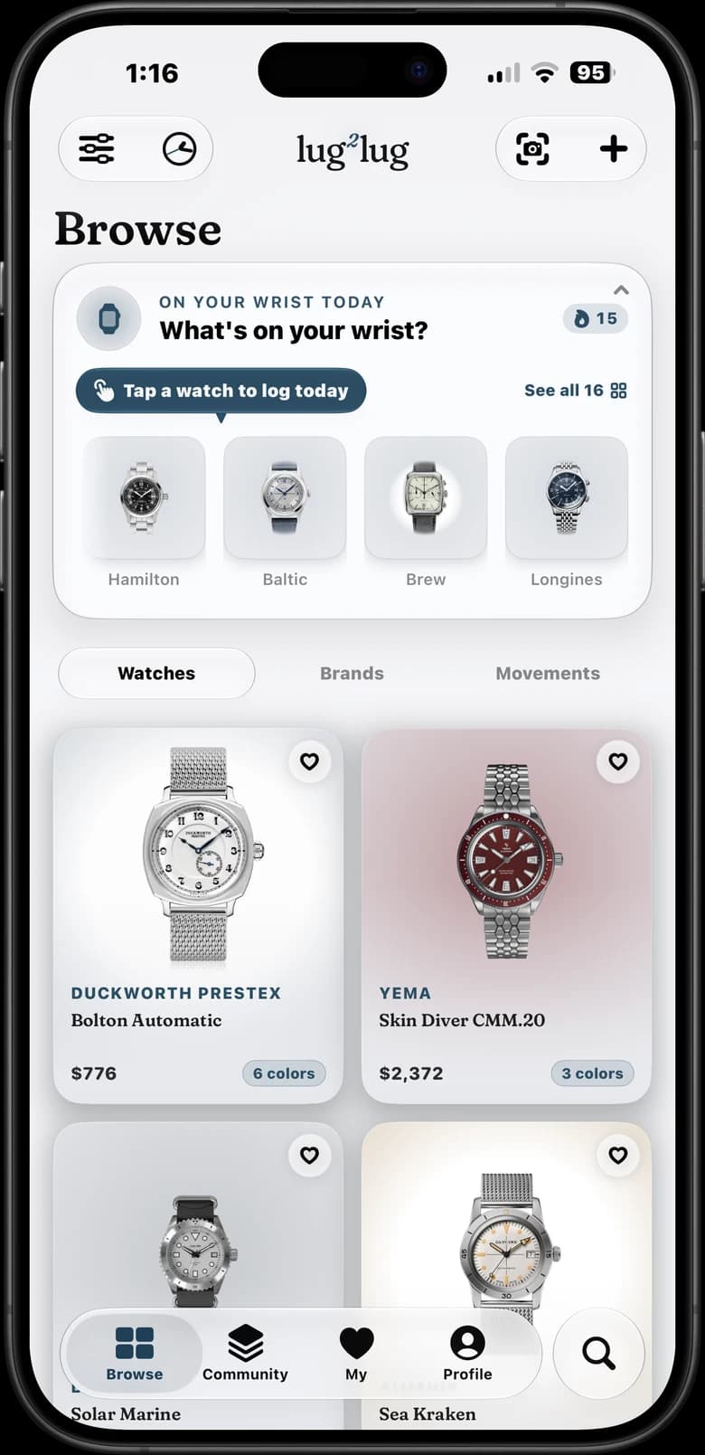 The lug2lug iOS app Browse screen on an iPhone 15 Pro Max