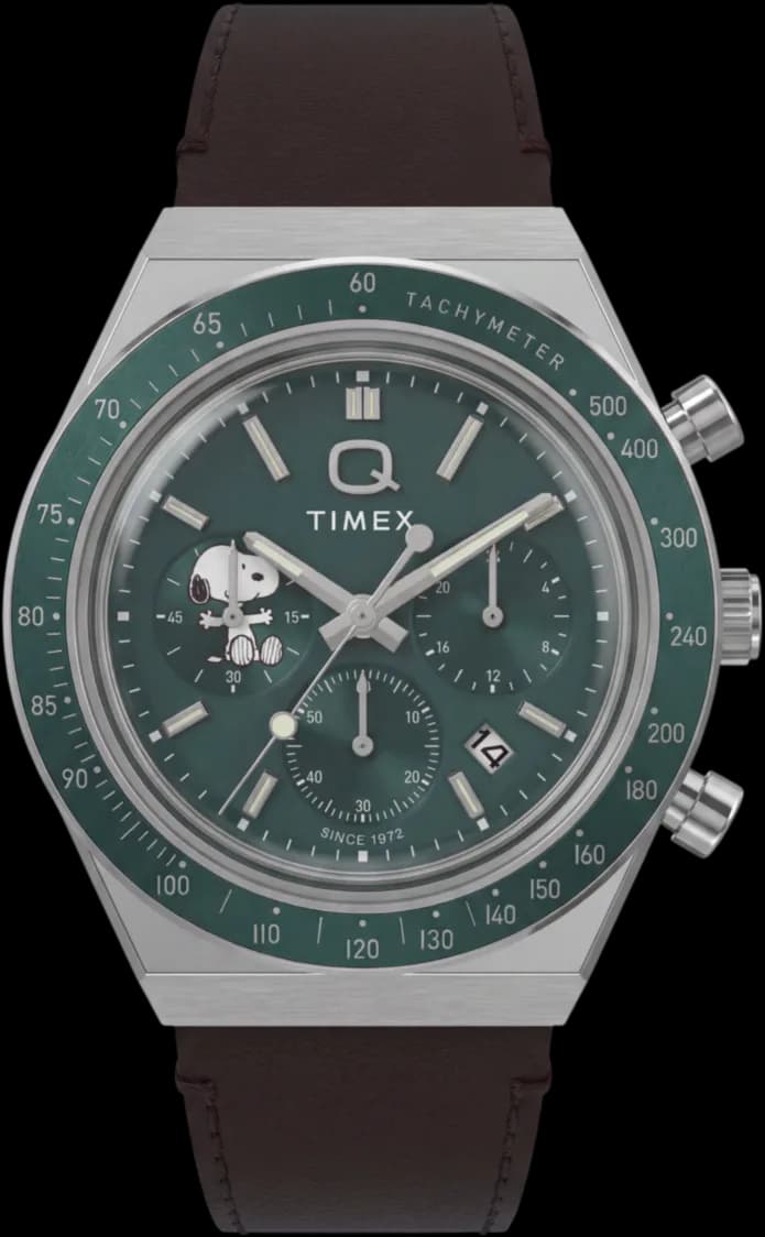 Peanuts x Q Timex Chronograph 40mm Leather Strap Watch