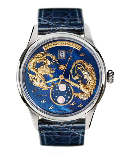 Azimuth Back In Time round 42mm moonphase, gold-relief no-numeral dial (Bobby Saputra)